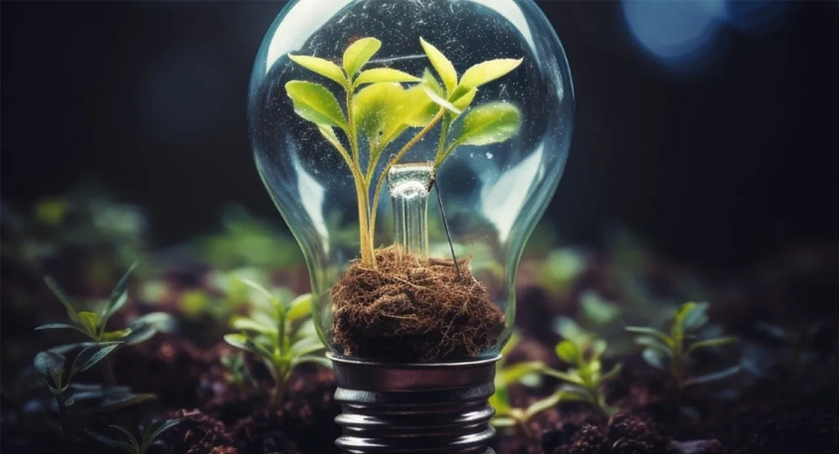 Eine Glühbirne mit einer kleinen Pflanze drinnen. 